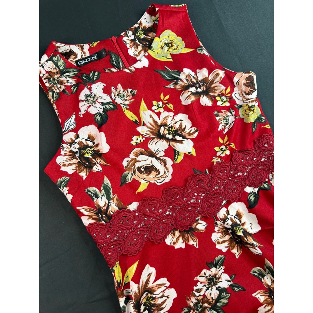 LININ Red Floral Sleeveless Fit and Flare Dress with Crochet Lace Waist Large